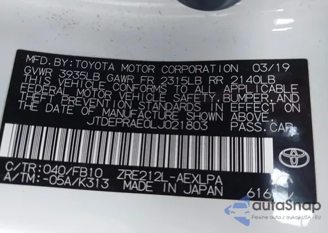 2020 Toyota Corolla Le z USA, uszkodzony, nr VIN JTDEPRAE0LJ021803